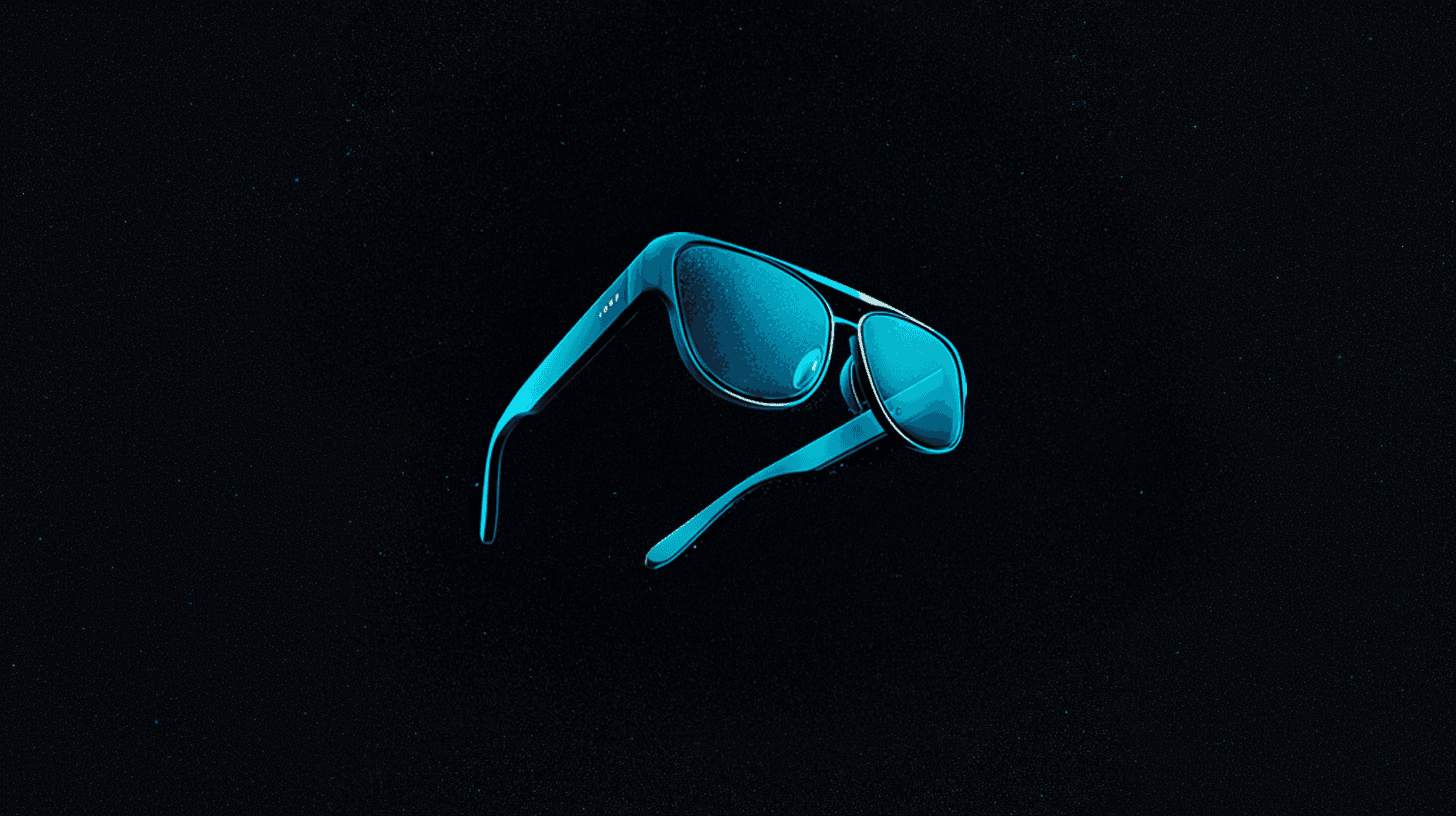 Une paire de lunettes connectées bleu turquoise, flottant sur fond noir étoilé
